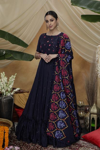 Navy Blue Colored Partywear Embroidered Faux Georgette Gown – fashionnaari